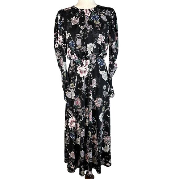 AFRM Womens Maxi Flare Dress M Medium Black Floral Balloon Long Sleeve Open Back - Picture 1 of 8
